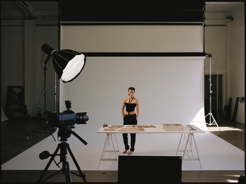 Prázdné studio s bílým pozadím, stolním setem, softboxy a fotoaparátem na stativu.