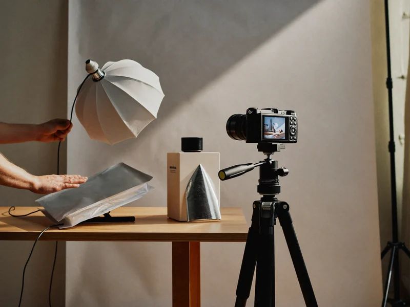 Ruce upravují softbox a odraznou desku vedle malé produktové scény.
