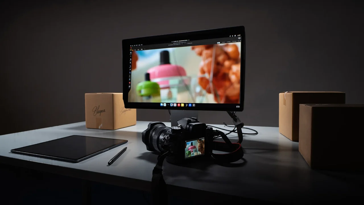 Pracovní stůl s fotoaparátem připojeným k monitoru a připraveným zbožím.
