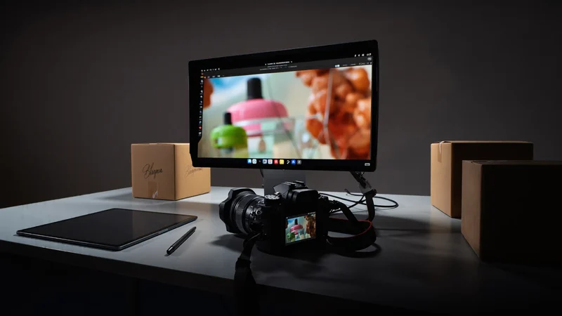 Pracovní stůl s fotoaparátem připojeným k monitoru a připraveným zbožím.